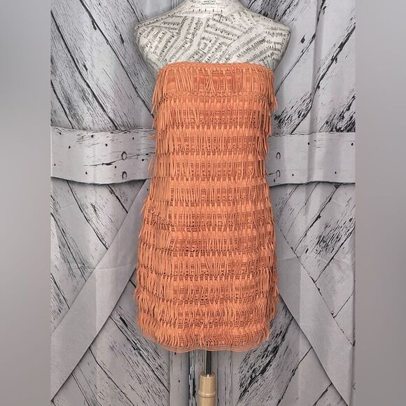 ANTHROPOLOGIE Let Me Be Fringed Tube Boho Mini Dress Orange Size M - Picture 4 of 8